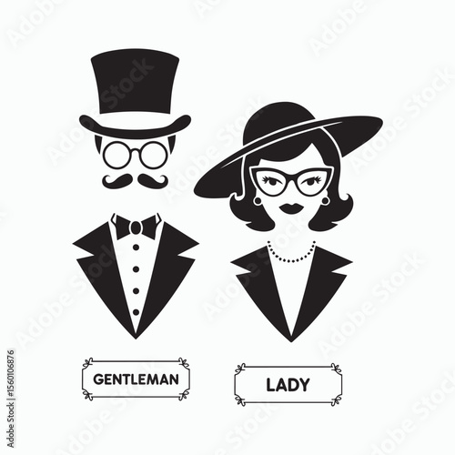 Vintage Gentleman and Lady Couple Silhouette Vector Illustration