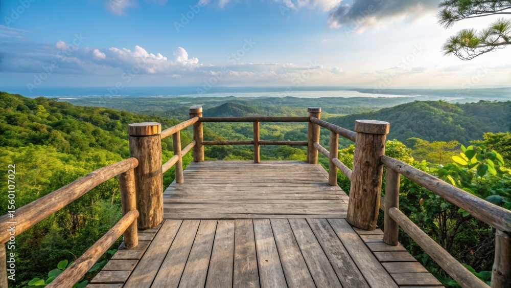 Obraz premium Conscious tourism zero carbon concept. Scenic viewpoint overlooking lush green landscape and a distant ocean under a bright sky.