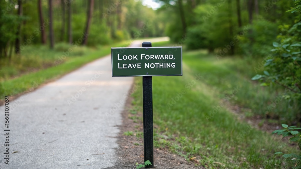 Conscious tourism zero carbon concept. A pathway sign encourages mindfulness and preservation in a green, serene environment. Conscious tourism zero carbon concept. A pathway sign encourages mindfulness and preservation in a green, serene environment.
