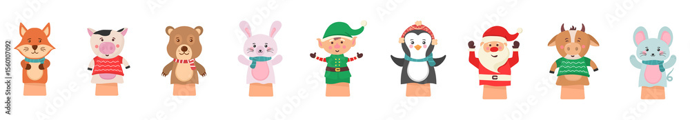 Obraz premium Png puppet theatre set with cartoon finger dolls for children play stage vector background isolated marionette bear rabbit handmade glove toy in fairy tale performance