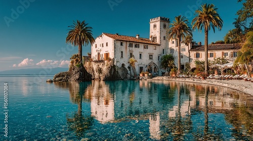 Elegant coastal mansion with infinity pool overlooking turquoise sea, framed by palm trees - symbol of wealth and serenity --chaos 100 
