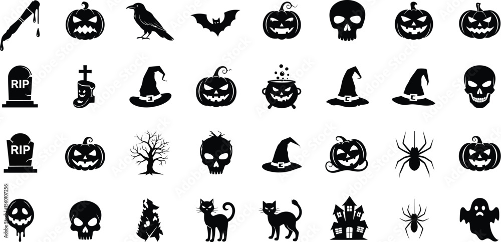 Naklejka premium Spooky Silhouettes: Halloween Icon Grid