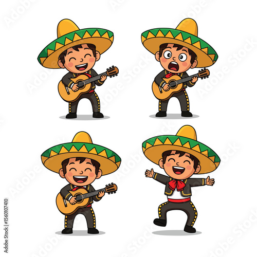 Four cartoon mariachi musicians in traditional attire playing guitar and celebrating.