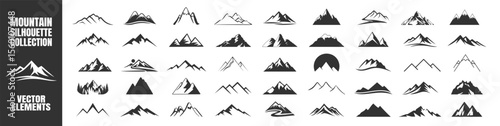 Mountain silhouette collection, vector mountain icon set, black peaks logo template, minimalist landscape symbols, hiking and travel design elements, isolated graphic art on transparent background.