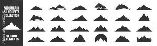 Peak logo mountain icon, mountain silhouette vector set for logo, hike travel illustration collection, rocky hills terrain, mountains silhouette for landscape design on transparent background.