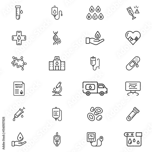 Collection of medical and healthcare icons featuring blood donation, laboratory tests, and diagnostics
