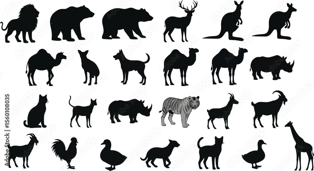 Fototapeta premium Diverse Animal Silhouettes: Black & White Wildlife Collection