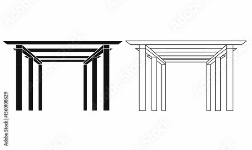 Vector illustration of modern garden pergola in silhouette and outline styles. Outdoor architectural structure, ideal for landscape, patio, gazebo, and backyard design themes.