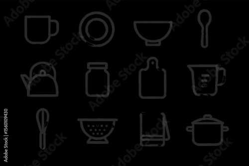 Kitchen utensils icons set: mug, plate, bowl, spoon, teapot, jar, cutting board, measuring cup