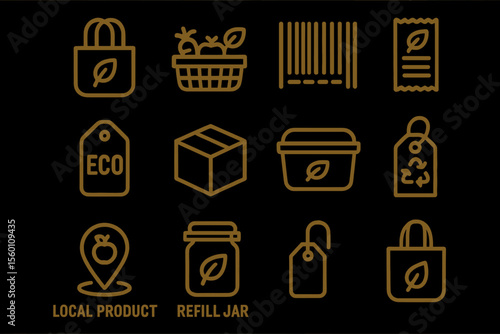 Eco-friendly icons set: sustainable shopping, reusable packaging, and recycling symbols