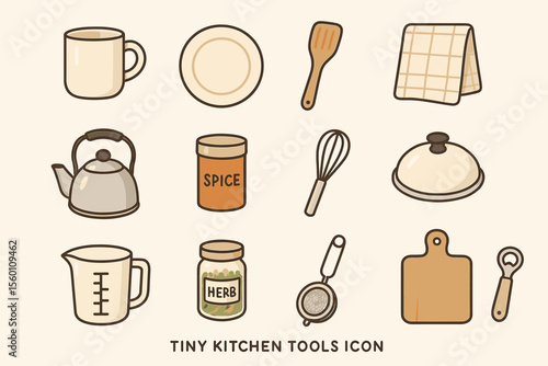 Set of cartoon kitchen tools and utensils icons in pastel colors