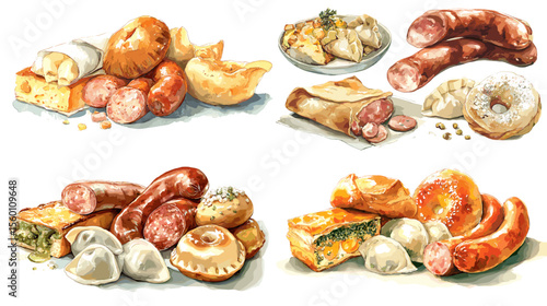 Eastern European food assortment with sausages, pierogi, dumplings, and pastries, perfect for traditional cuisine and rustic food themes.


