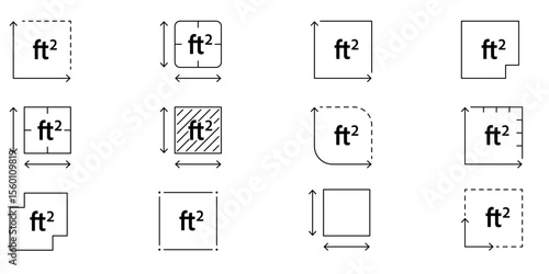 Floor area symbol in square feet with FT2 sign. Linear vector icon for measuring land, rooms, or property dimensions in feet