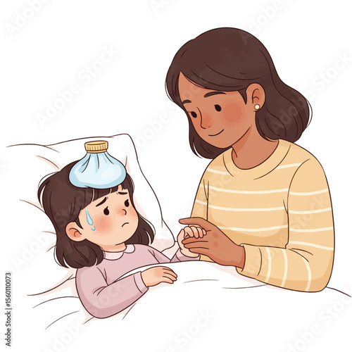 A mother comforts her sick daughter in bed, who has an ice pack on her head.