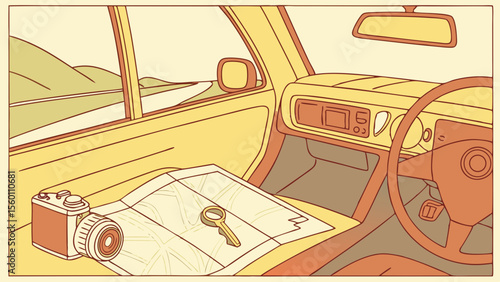 Vintage car interior with map and camera isolated on Transparent Background