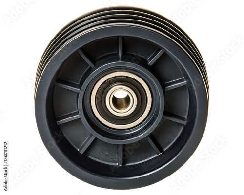 Black grooved idler pulley with a central ball bearing on a transparent background