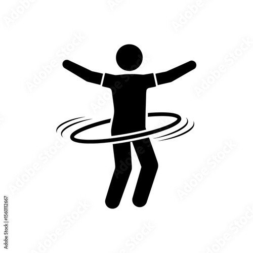 Black silhouette of a person with arms outstretched hula hooping on a white background illustration