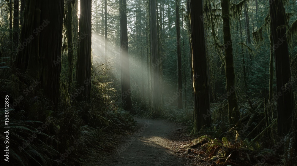Obraz premium Forest Sunlight Pathway. Majestic Trees and Golden Light Streaks Scenery