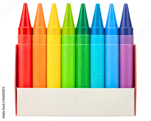 Rainbow colored wax drawing crayons in a cardboard box on a transparent background
