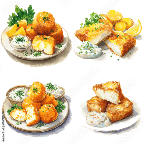 Crispy fried fish fillets and cheese balls with tartar sauce, served with lemon and parsley, ideal for seafood lovers and comfort food themes.

