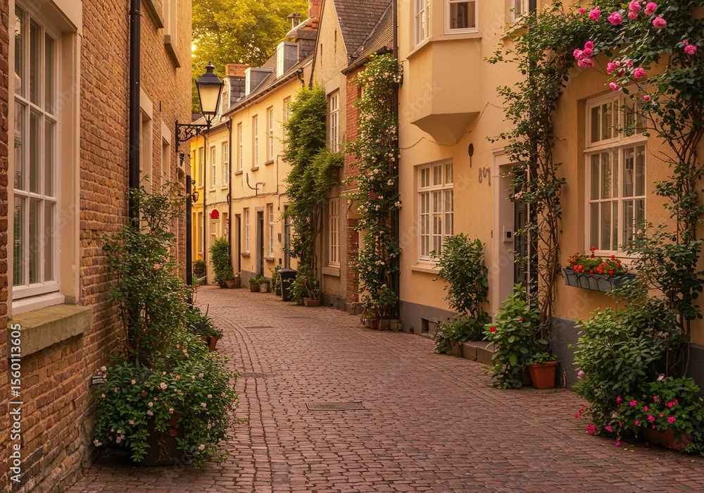 Fototapeta premium A charming alleyway lined with colorful buildings and blooming flowers.