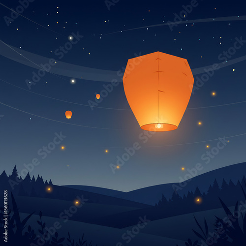 Glowing Sky Lanterns Floating in a Starry Night Sky