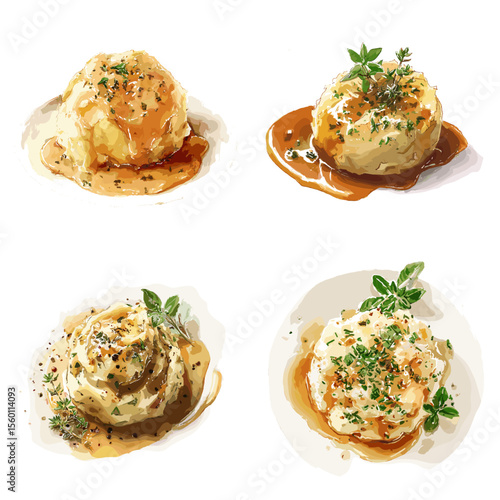 Creamy mashed potatoes with rich brown gravy and fresh herbs, perfect for comfort food, festive dishes, or holiday meal illustrations.

