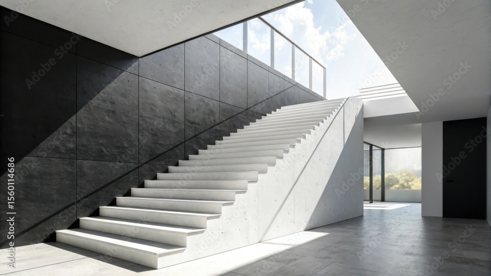 Fototapeta premium Modern interior featuring a white staircase leading to a skylight with a black accent wall