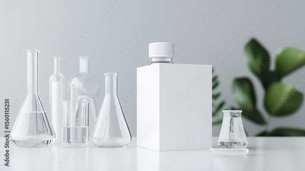 Clear glass laboratory equipment arranged on a white table with a minimalistic bottle and foliage in the background Clear glass laboratory equipment arranged on a white table with a minimalistic bottle and foliage in the background