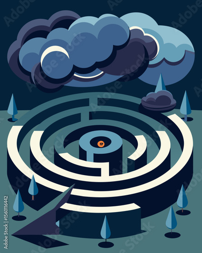 A maze filled with swirling winds and dark clouds mimicking the constant mental storm of stress.. Vector illustration