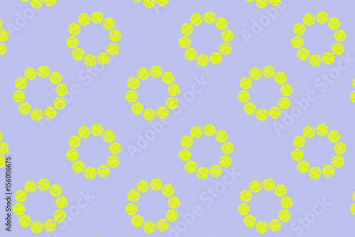 Seamless pattern with yellow tennis ball circles on purple background. Fun and sporty design in flat style, perfect for textiles, wallpapers, or tennis-themed products.