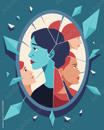 A broken mirror hanging on the wall each piece reflecting a different version of the persons identity after years of being made to doubt themselves.. Vector illustration