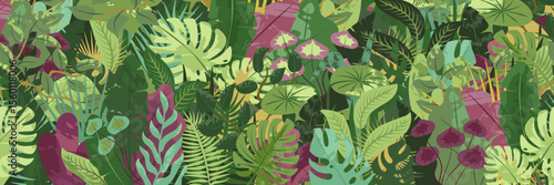 Tropical forest full cover background. Nature green leaves, exotic plants, botanical border, horizontal floral banner, card design
