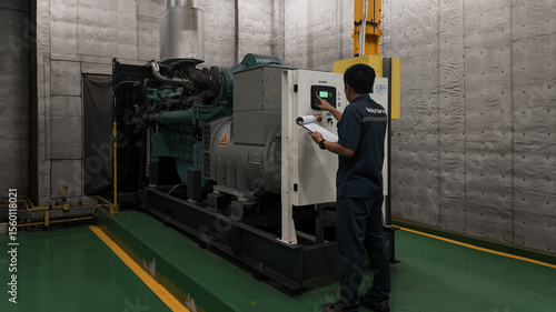 Technician inspecting a large generator in a utility room.