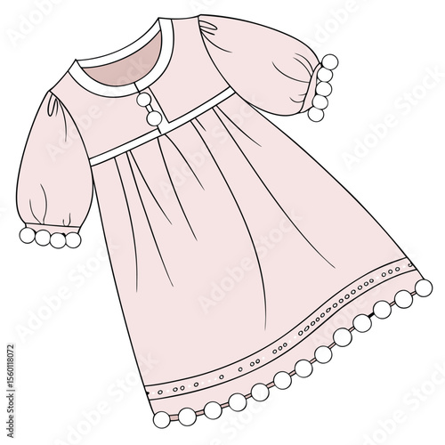 A fun baby dress with playful pom-pom trim, perfect for adding whimsical texture and cheerful charm on a white background.