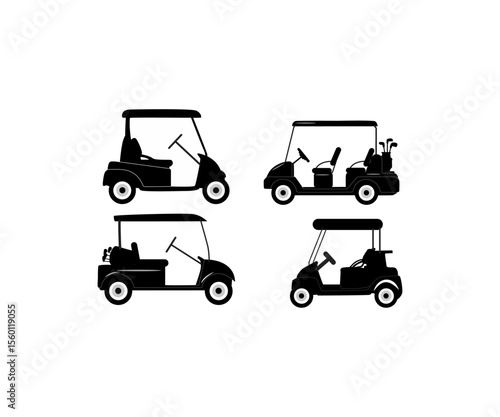 A set of four silhouette icons of golf carts, each with different seating arrangements and canopy designs. These vector illustrations are ideal for use in golf-related content, transportation signage,