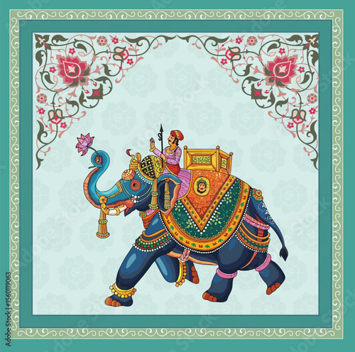 Traditional Mughal temple lattice wall peacock tree pattern illustration, Mughal dancing woman in a garden with arch peacock bird and flower illustration, 