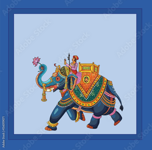 Traditional Mughal flower motif. Mughal wall paintings, botanical floral ethnic motif, Traditional Mughal flower motif, Traditional Mughal garden, forest, elephant ride, mahout in Thailand vector 