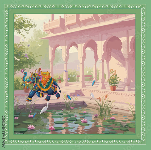 Traditional Mughal flower motif. Mughal wall paintings, botanical floral ethnic motif, Traditional Mughal flower motif, Traditional Mughal garden, forest, elephant ride, mahout in Thailand vector 