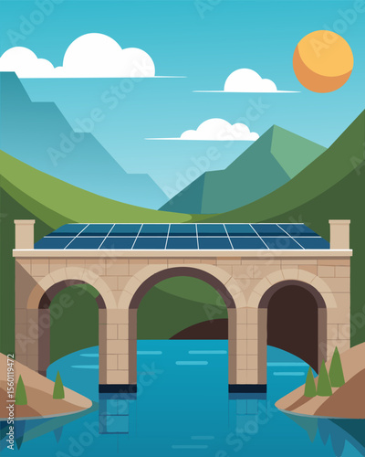 A historic stone bridge over a serene lake recently updated with a touch of modern technology rows of solar panels lining its parapets.. Vector illustration