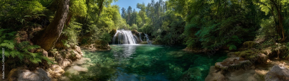 Fototapeta premium Serene waterfall scene nature haven hdr 360 degrees hdri peaceful landscape