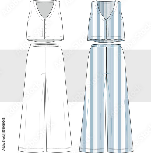Women's wide leg trousers and buttoned vest top drawing, illustration. Striped patterned bottom and top suit set technical drawing. Front view, CAD, Mockup set.