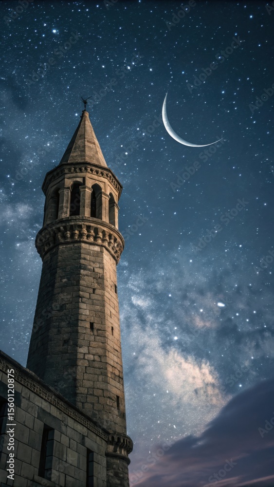 Fototapeta premium Stone tower illuminated under a starry night sky with a crescent moon shining brightly above