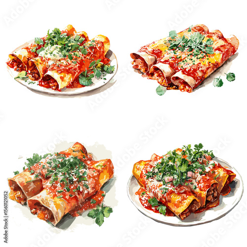 Watercolor illustrations of Mexican enchiladas with tomato sauce, cheese, and cilantro garnish, featuring rich flavors and traditional spicy food presentation.


