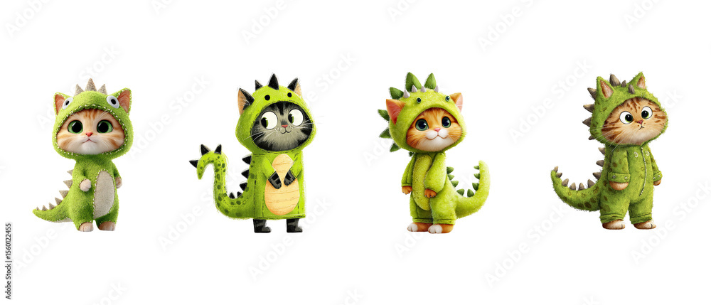 Obraz premium Four Adorable Cartoon Cats Dressed in Green Dinosaur Outfits Standing on Black Background