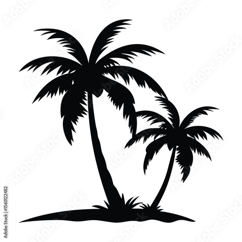 Black silhouette of two palm trees on a small island, ideal for tropical designs, logos, or decor. Vector illustration with a summery vibe