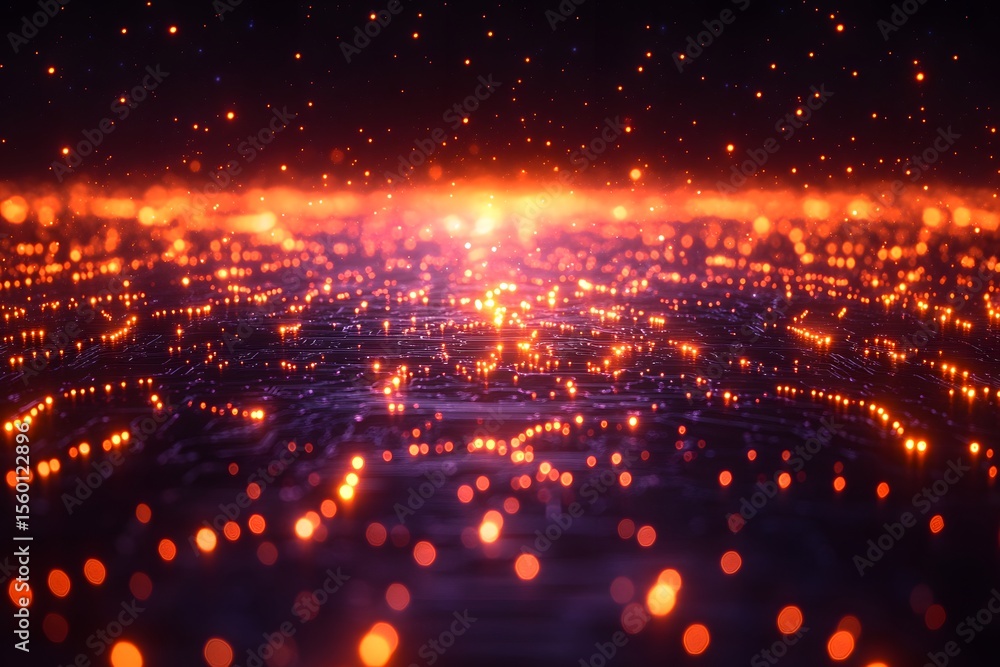 Naklejka premium Futuristic Digital Landscape with Glowing Neon Lights and Cyber Patterns