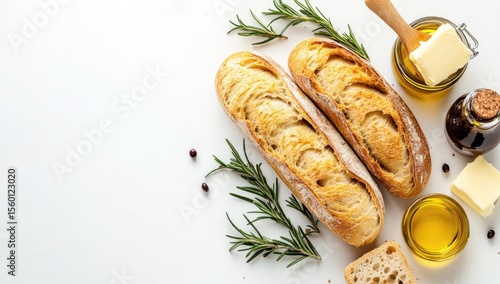 Two loaves of crusty bread, rosemary sprigs, butter, oil, and peppercorns on a white background