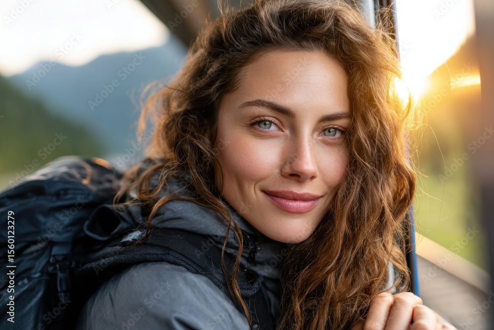 Adventurous woman smiles while looking out the window during a nature trip at sunset Adventurous woman smiles while looking out the window during a nature trip at sunset