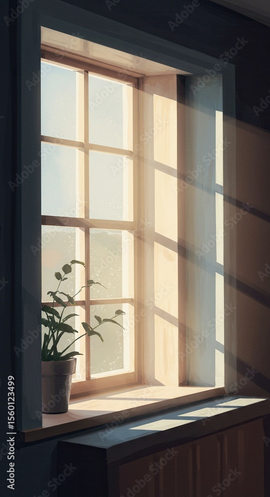 Fototapeta premium Sunlight streams into a room through a window with a houseplant.